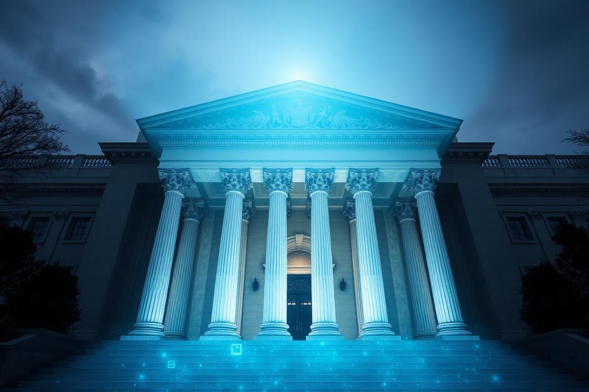 Government building facade with digital data overlay graphics