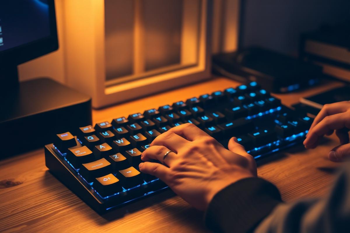 Backlit mechanical keyboard on a wooden desk with hands typing