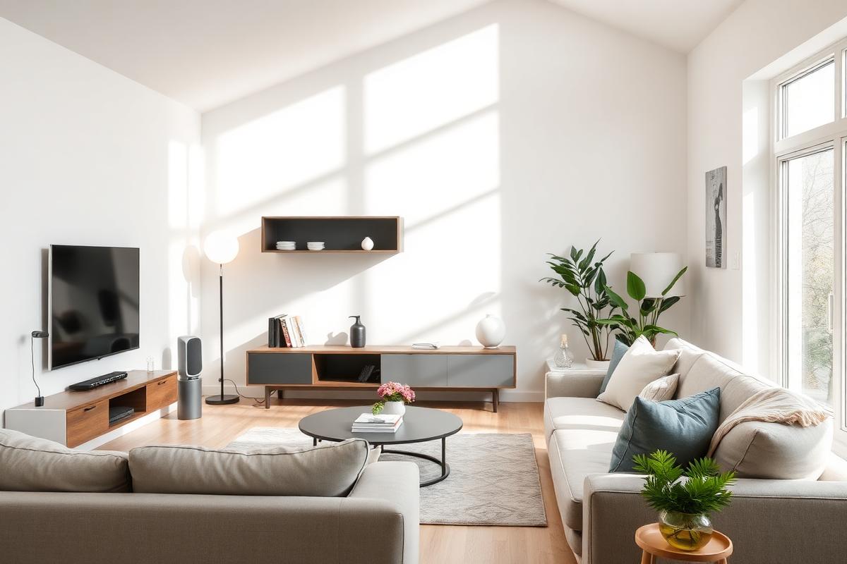 Bright modern living room with smart speaker and connected devices