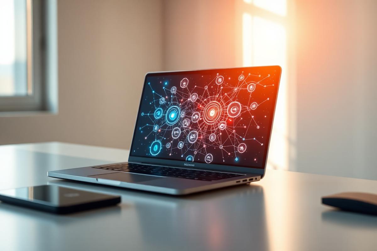 Modern laptop on a desk displaying a glowing neural network graphic