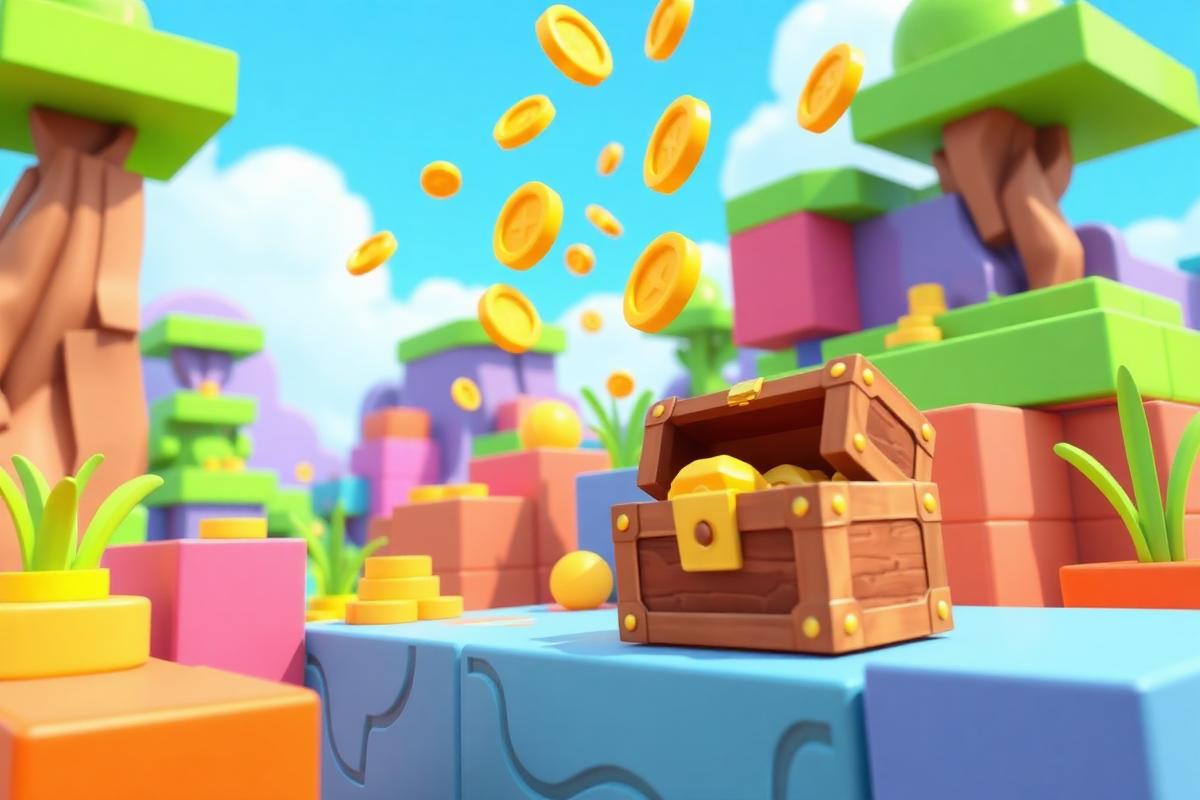 Colourful blocky game world with floating coins and a treasure chest