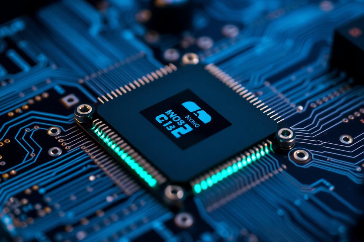 Macro photograph of a processor chip on a circuit board with glowing traces