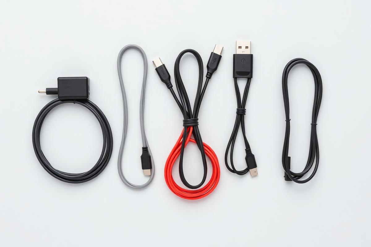 USB-C cables and adapters arranged on a light grey background